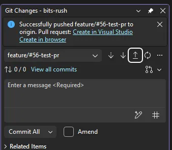 Visual Studio showing the create pull request link after pushing a branch