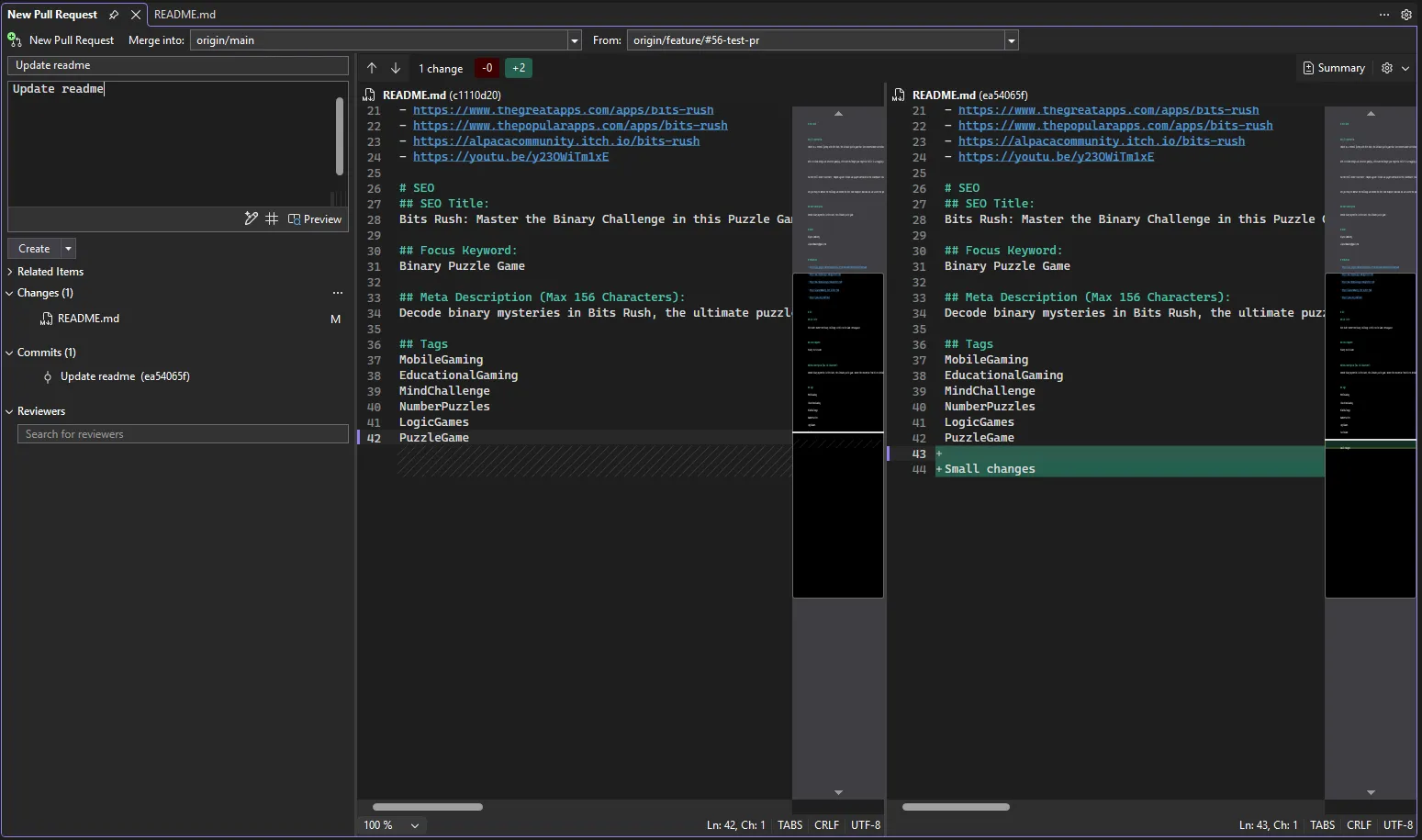 New pull request window in Visual Studio with the diff open
