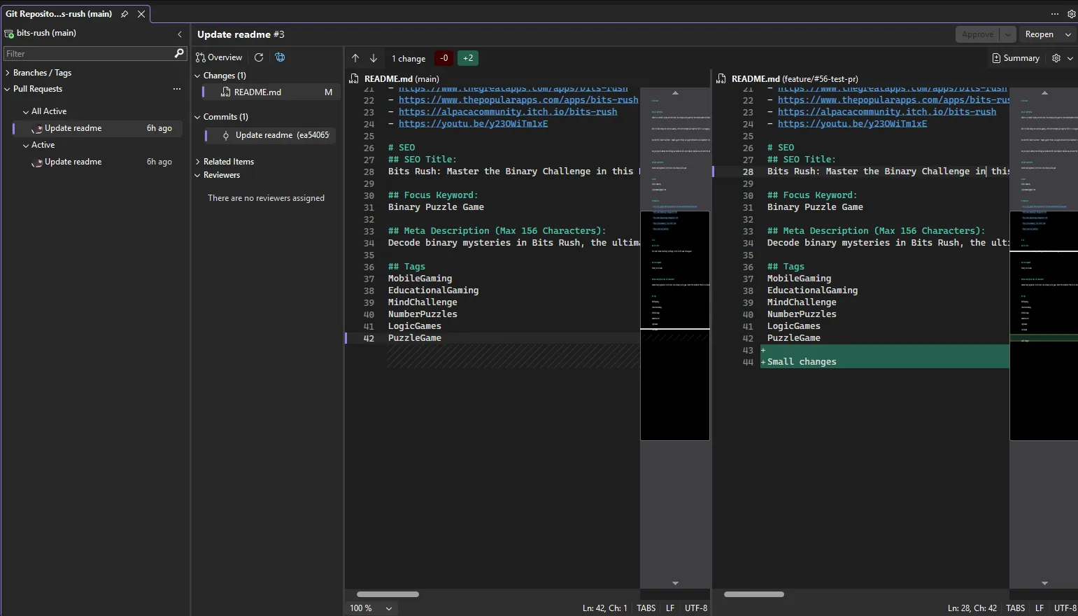 Pull request review window in Visual Studio with file changes and approve button