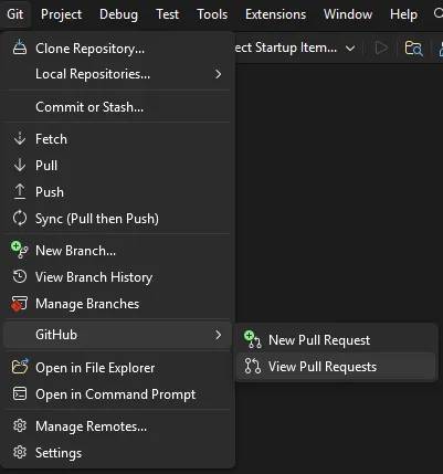 GitHub pull request menu in Visual Studio